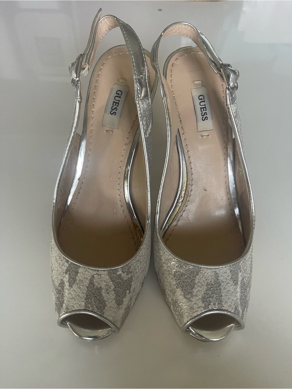GUESS Silver Snake-Print Peep-Toe Slingback Heels